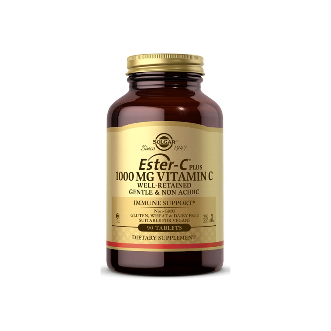 Un flacone di Solgar Ester-c Plus 1000 mg di vitamina C 90 compresse.