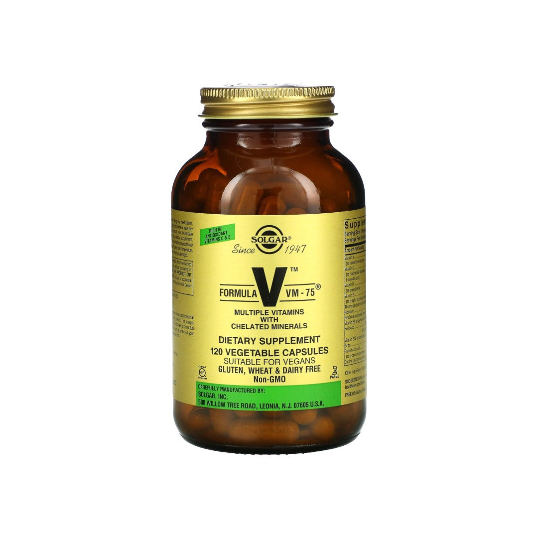 Una bottiglia di Solgar Formula VM-75 120 capsule vegetali su uno sfondo bianco.