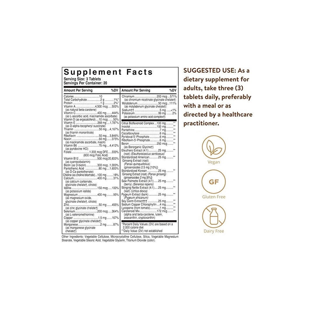 Un'etichetta che mostra gli ingredienti dell'integratore Solgar's Male Multiple Multivitamins & Minerals for Men 120 Tablets.