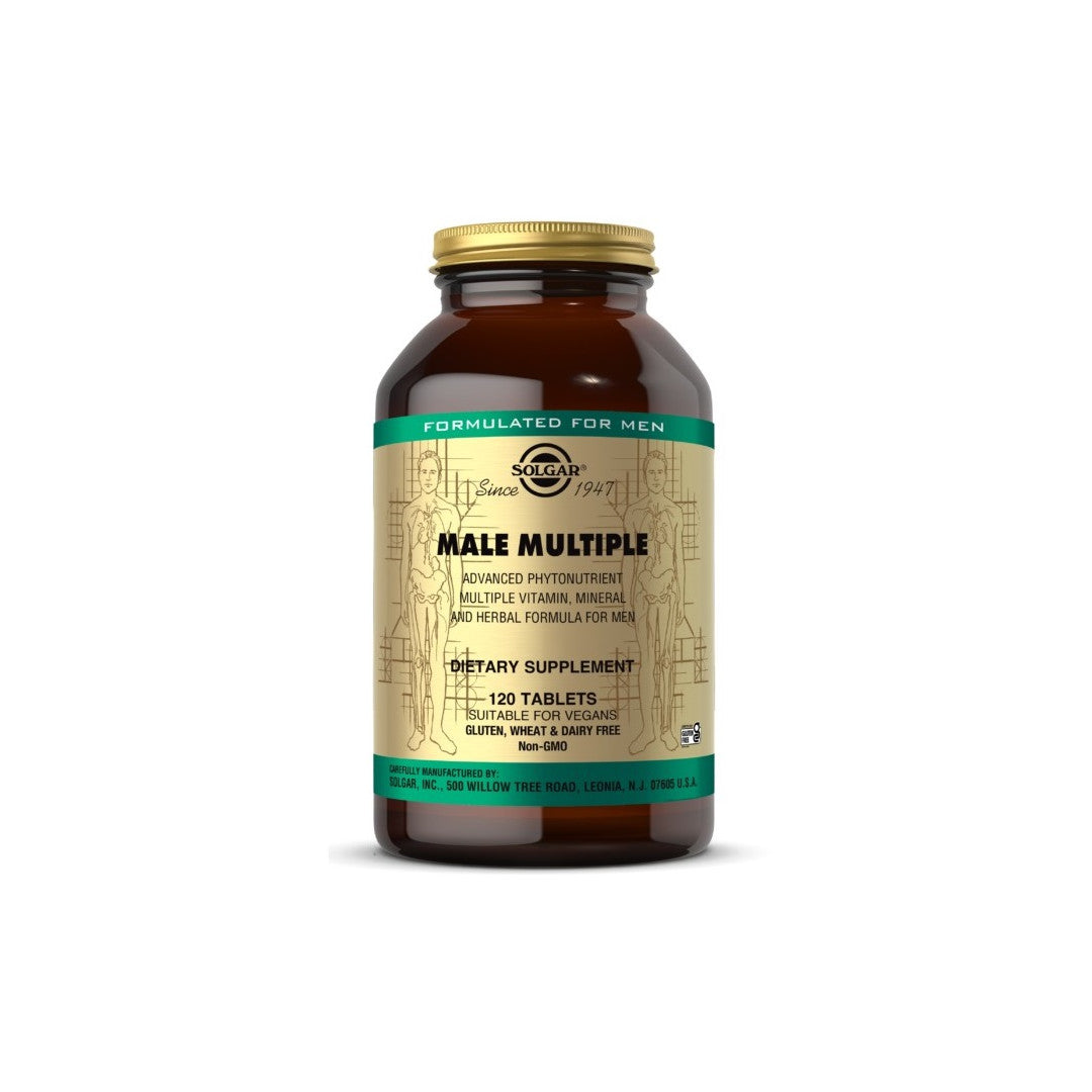 Una bottiglia di Solgar Male Multiple Multivitamins & Minerals for Men 120 Tablets su uno sfondo bianco.