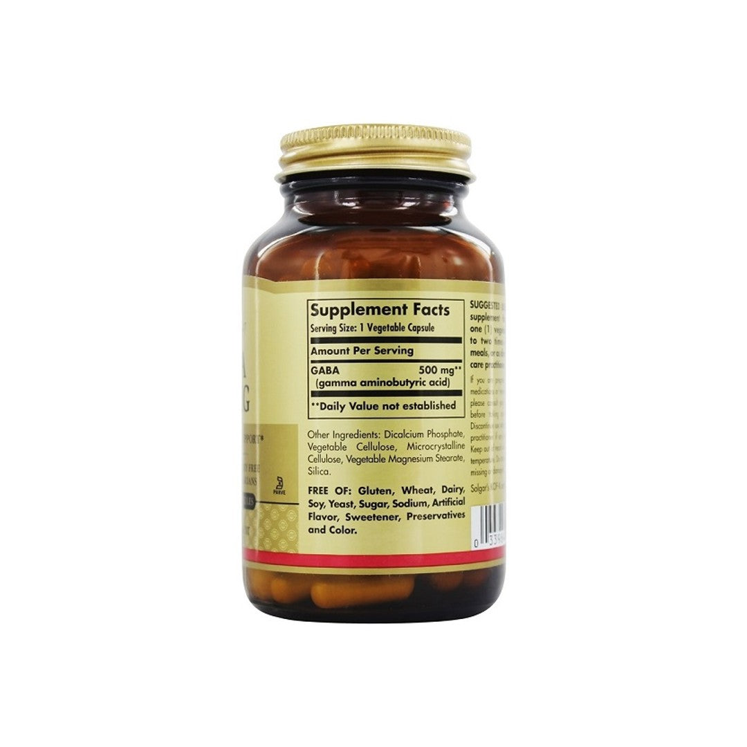 Un flacone di Solgar GABA 500 mg 100 capsule vegetali su sfondo bianco.