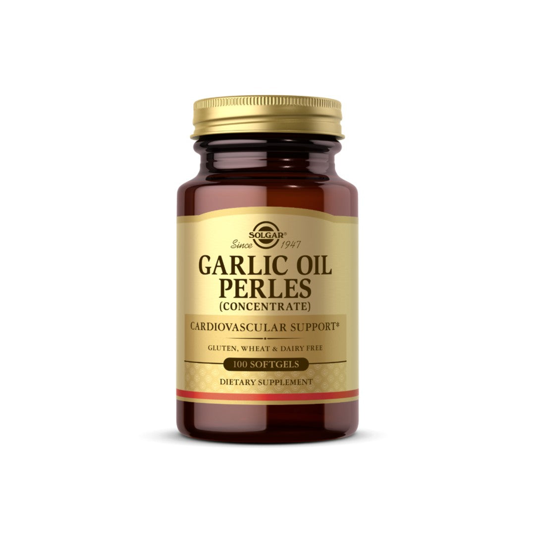 Un flacone di Solgar Garlic Oil Perles (odore ridotto) 250 softgel su sfondo bianco.