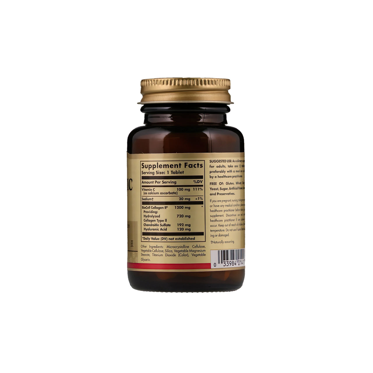 Un flacone di Solgar Acido ialuronico 120 mg 30 tab su uno sfondo bianco.