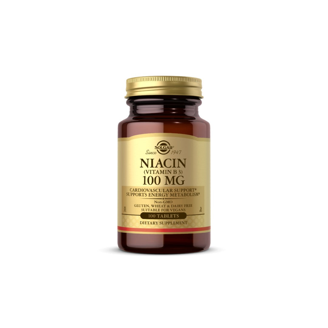 Solgar Niacina Vitamina B-3 100mg capsule rivestite su sfondo bianco per la salute del sistema nervoso.