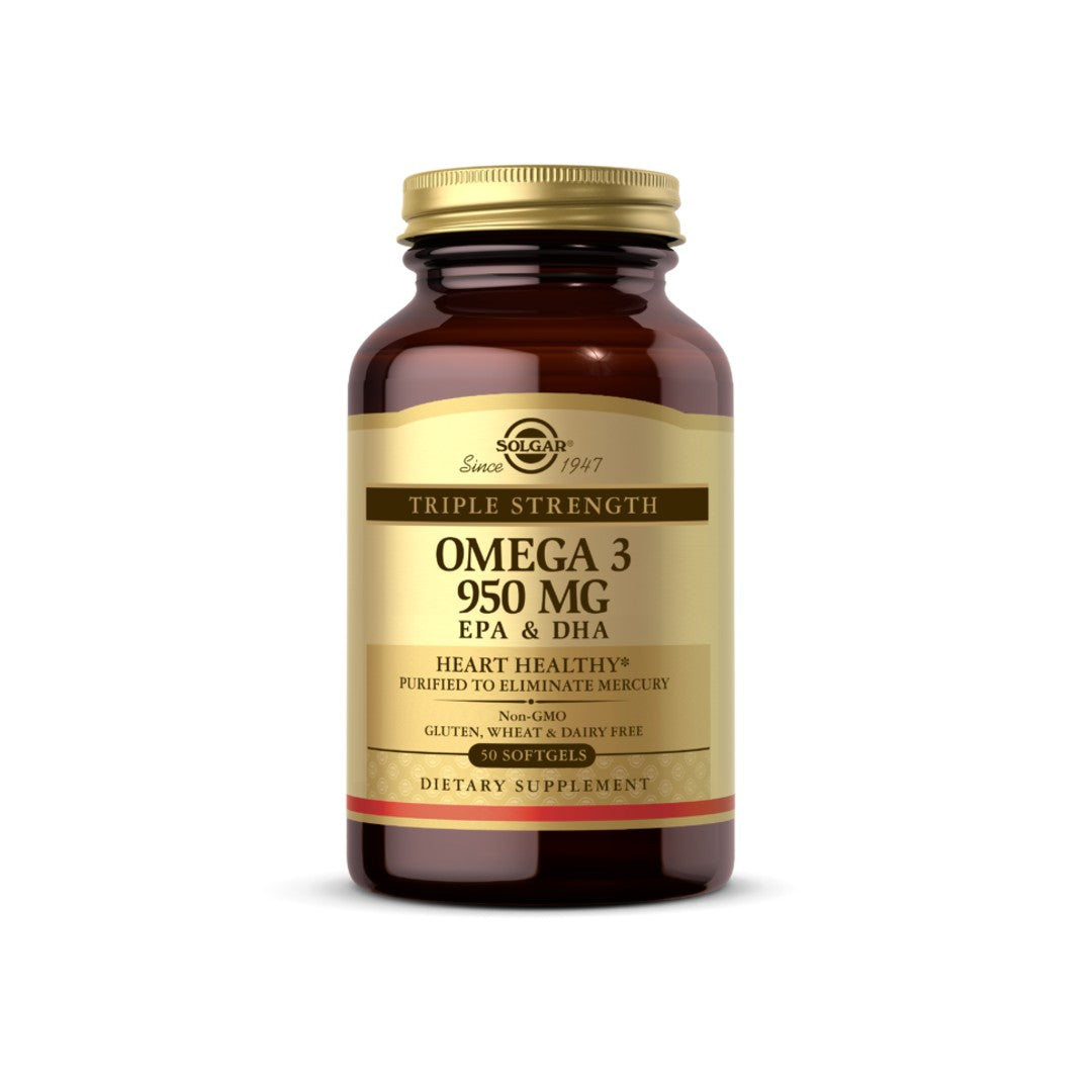 Triple Strength Omega-3, 950 mg EPA & DHA - 50 Solgar softgels for cardiovascular health.