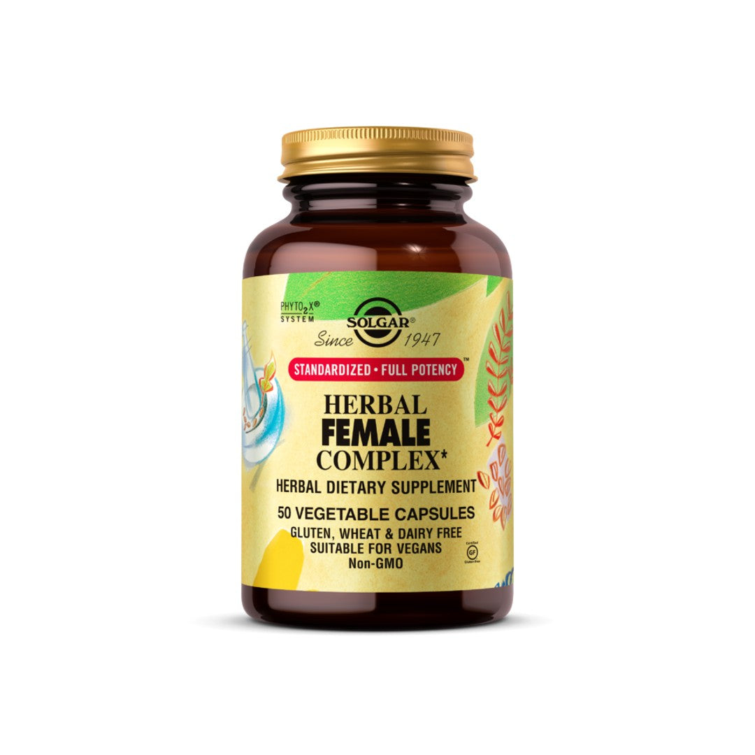 Un flacone di Solgar Herbal Female Complex 50 capsule vegetali con vitamina c.