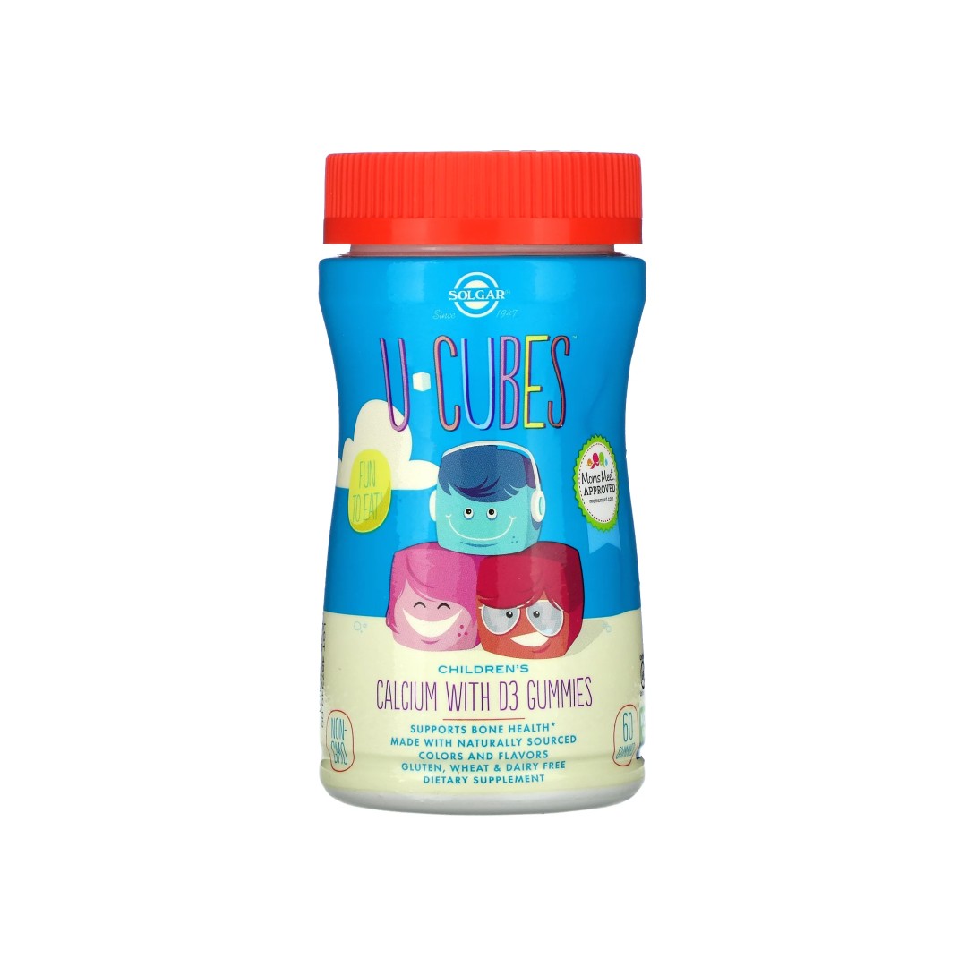 A jar of U-Cubes Childrens Calcium with D3 gummies by Solgar to support children's bone health and immune system.