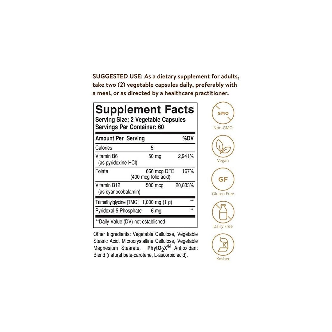 Un'etichetta che mostra gli ingredienti di Solgar's Homocysteine Modulators 120 Vegetable Capsules.