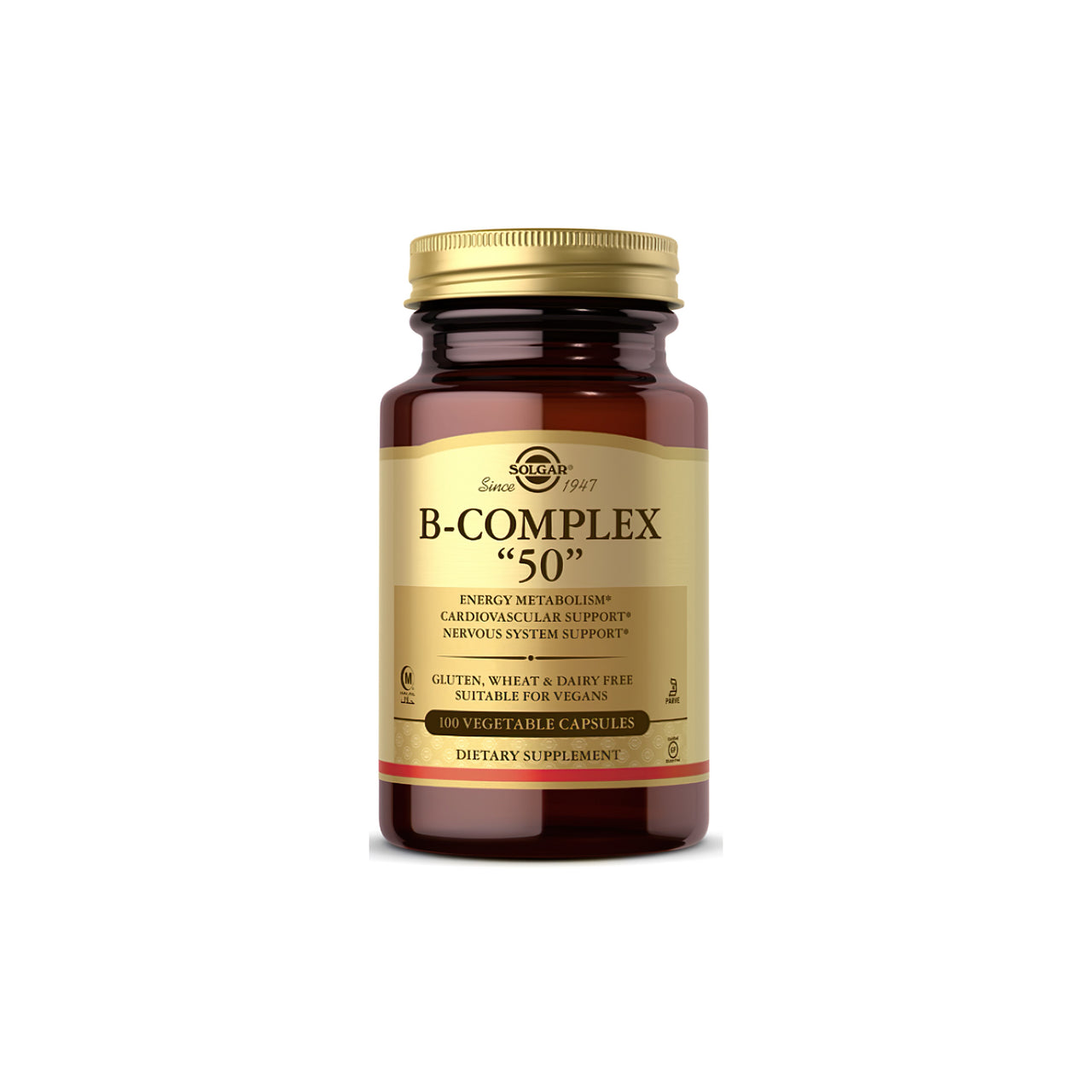 A bottle of Solgar Vitamins B-50 Complex 100 vcaps for increased energy and stress relief.