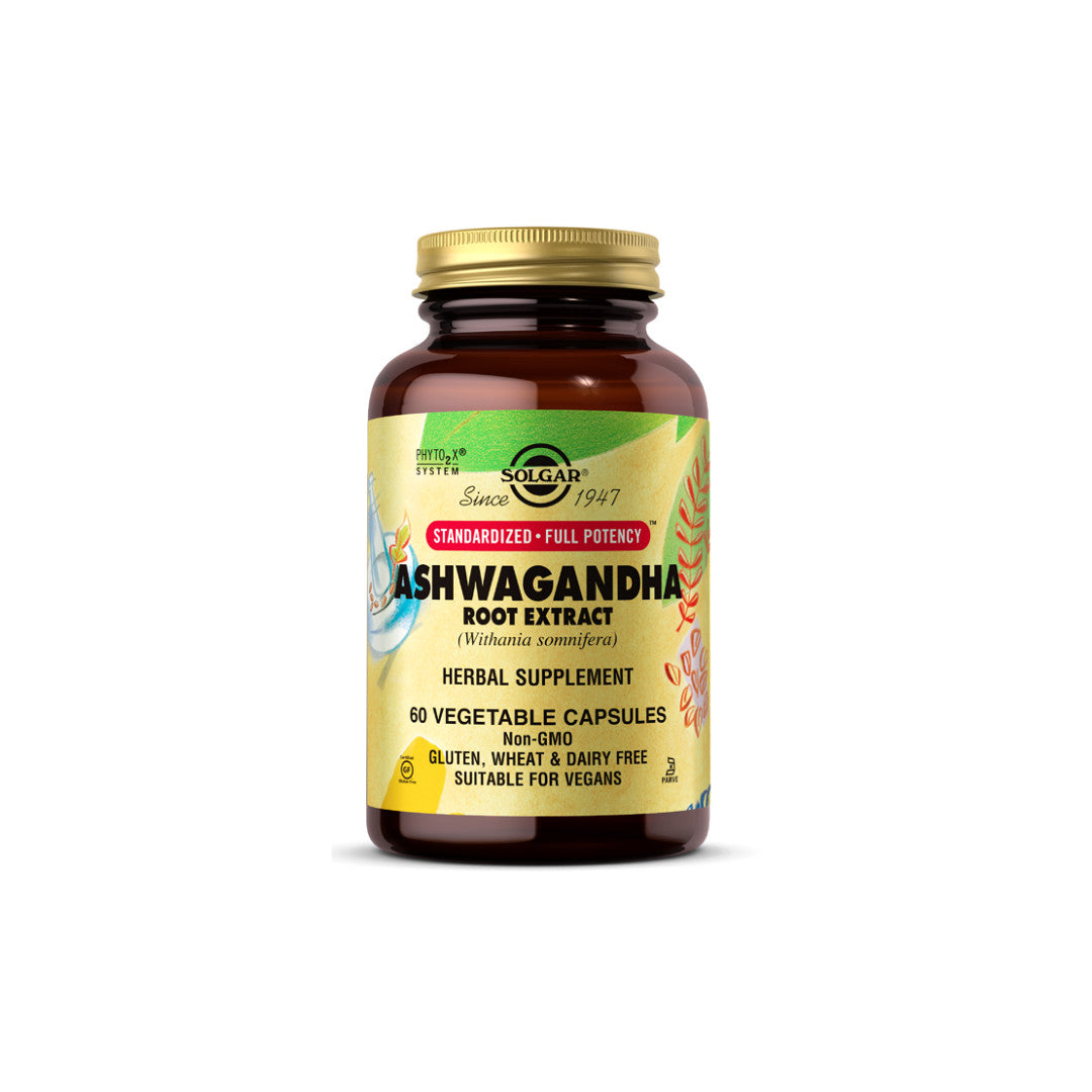 Un flacone di Solgar Ashwagandha 400 mg 60 capsule con vitamina c.
