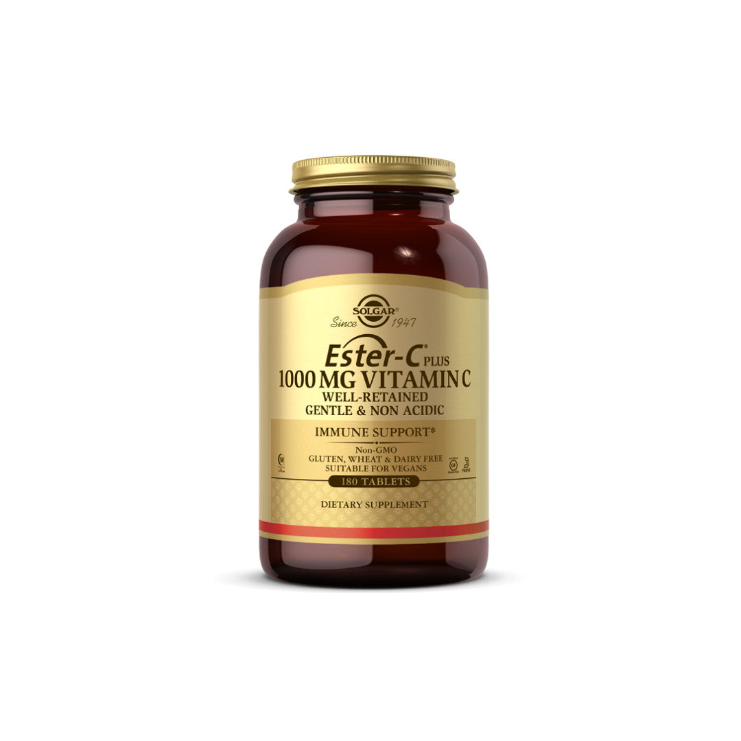 Flacone di Solgar Ester-c Plus 1000 mg di vitamina C 180 compresse su sfondo bianco.