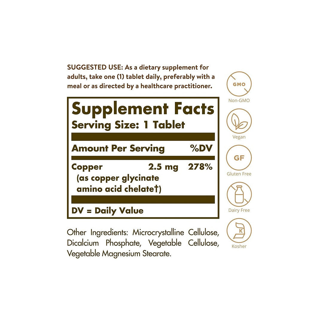 Un'etichetta che mostra gli ingredienti dell'integratore Solgar's Chelated Copper 2,5 mg 100 Tablets.