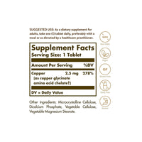Miniatura di un'etichetta che mostra gli ingredienti dell'integratore Solgar's Chelated Copper 2,5 mg 100 Tablets.