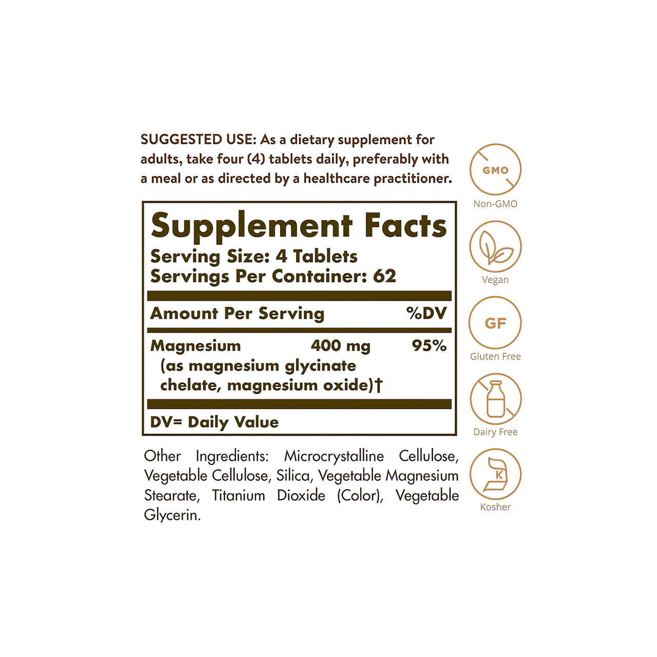 Un'etichetta che mostra gli ingredienti dell'integratore Solgar's Chelated Magnesium 100 Tablets.