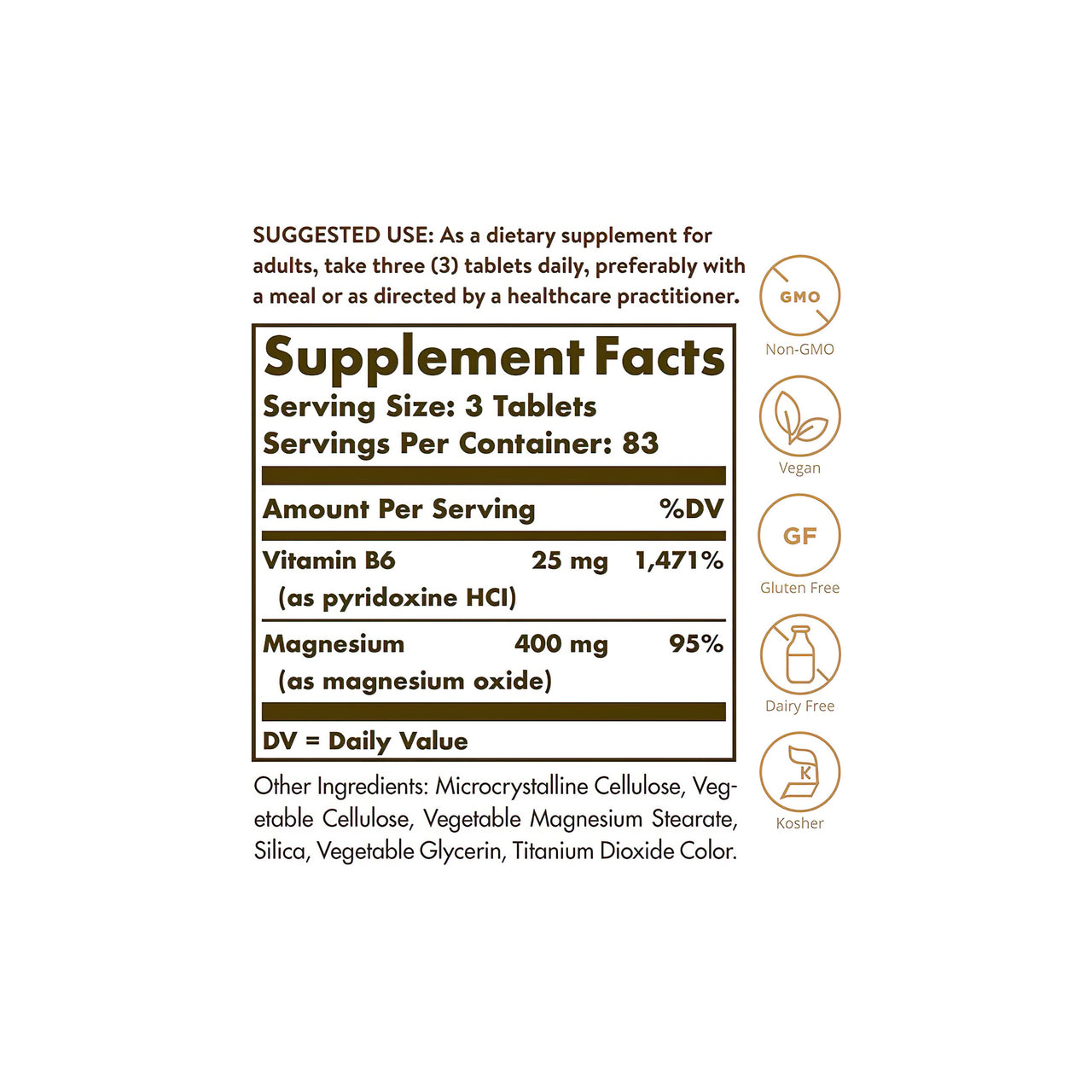 Un'etichetta che mostra gli ingredienti di Solgar's Magnesium with Vitamin B6 250 Tablets.
