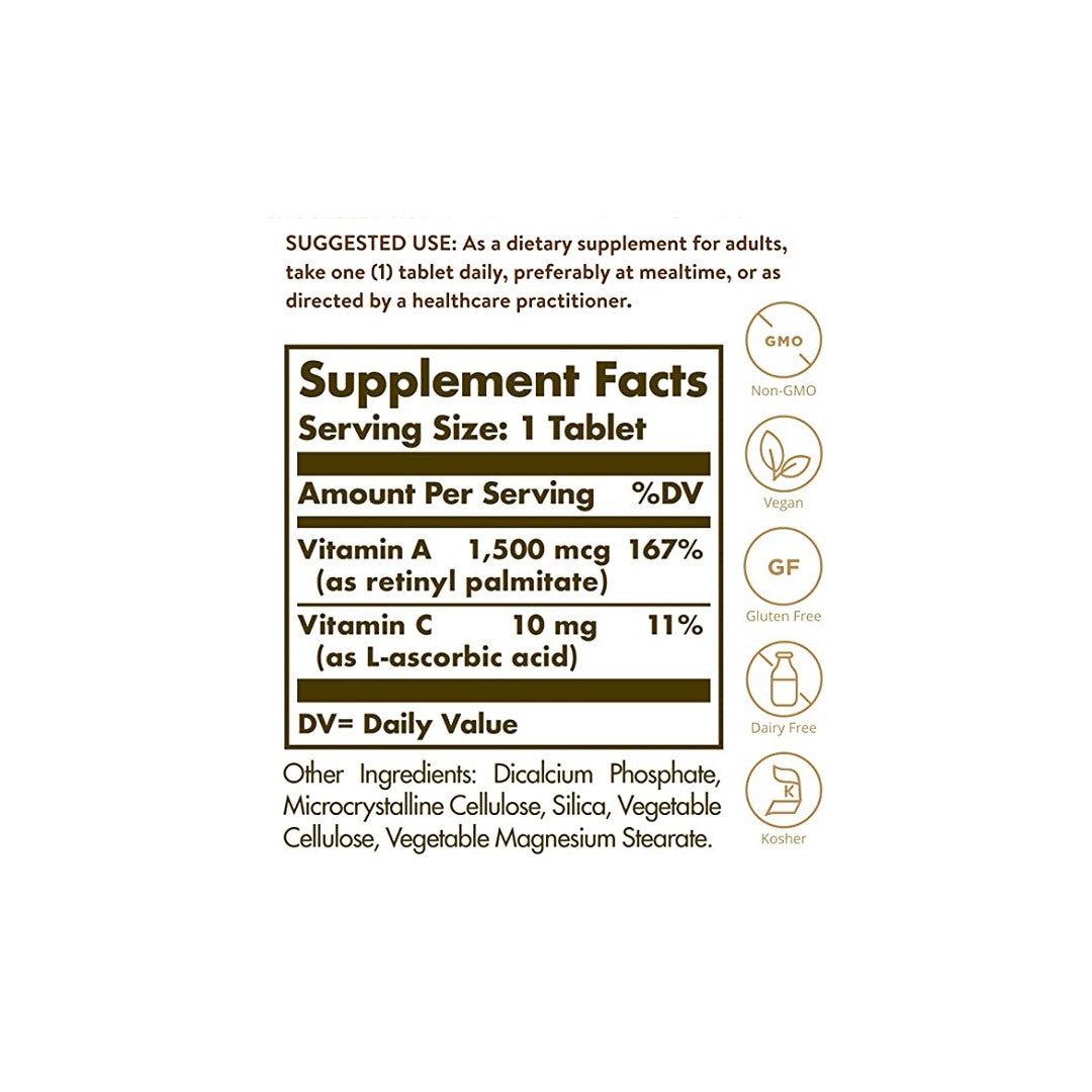 Un'etichetta che mostra gli ingredienti dell'integratore di vitamina A 1500 mcg (5000 UI) 100 compresse di Solgar.