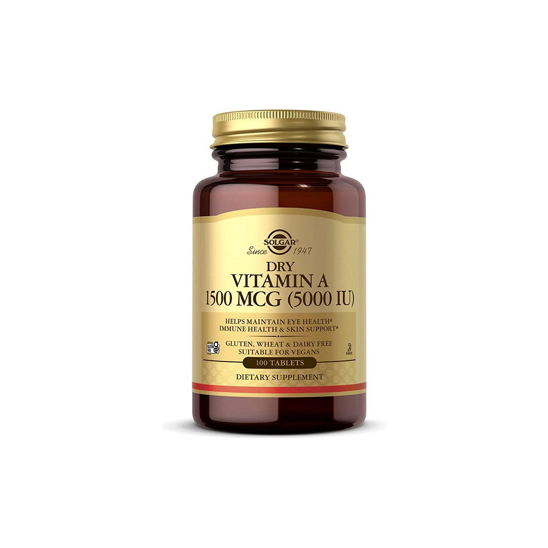 Solgar La vitamina A 1500 mcg (5000 UI) 100 compresse è essenziale per mantenere la vista e promuovere la salute della pelle. Queste capsule da 1000 mg supportano anche la salute del sistema immunitario.