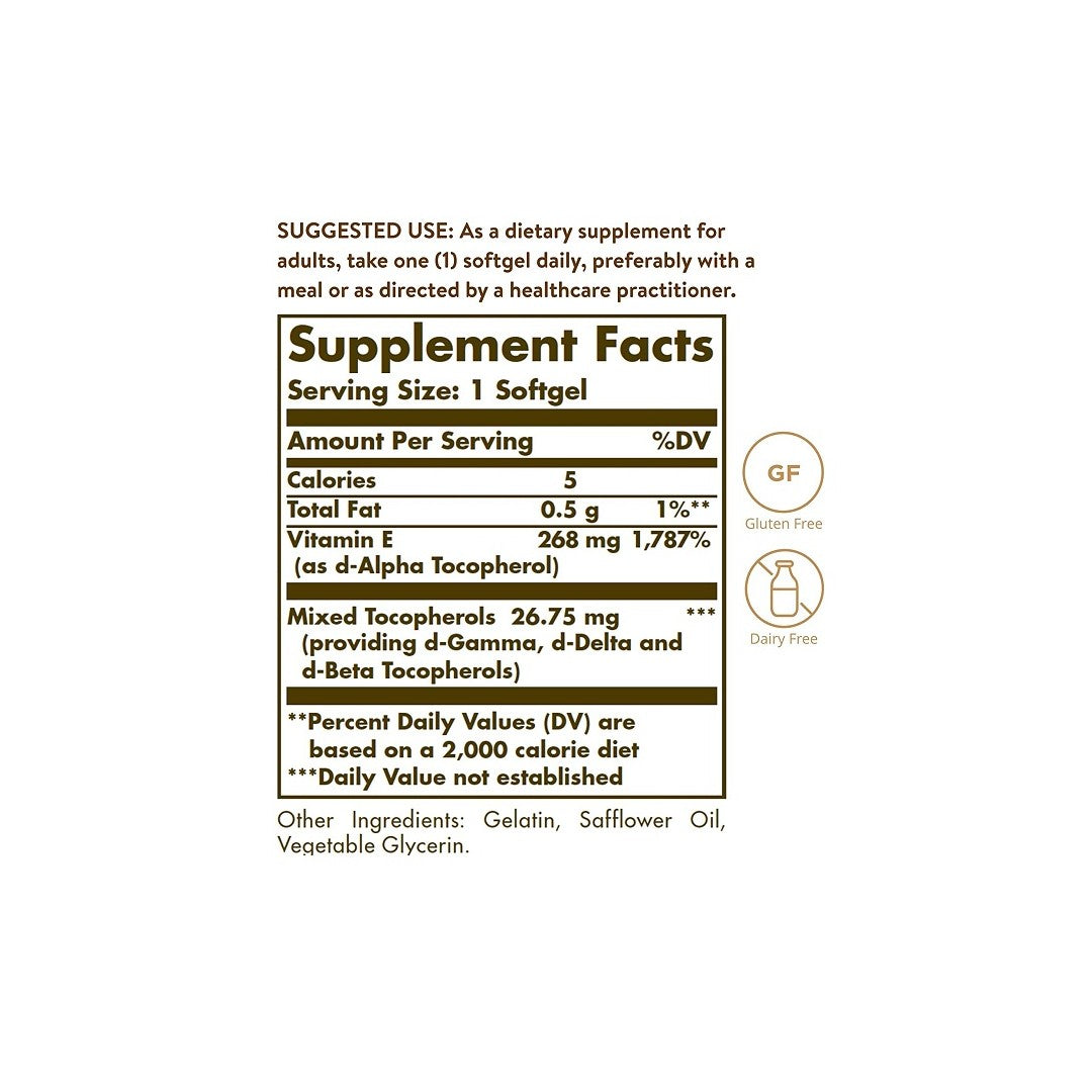 Un'etichetta che mostra gli ingredienti di un integratore Solgar per la salute cardiovascolare, con la Vitamina E 268 mg (400 UI) 100 Softgels come supporto antiossidante chiave.