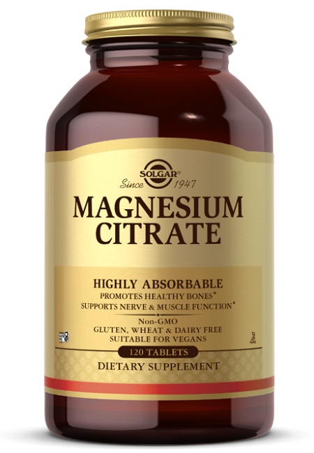Un flacone di Solgar Magnesio Citrato 420 mg 120 compresse.