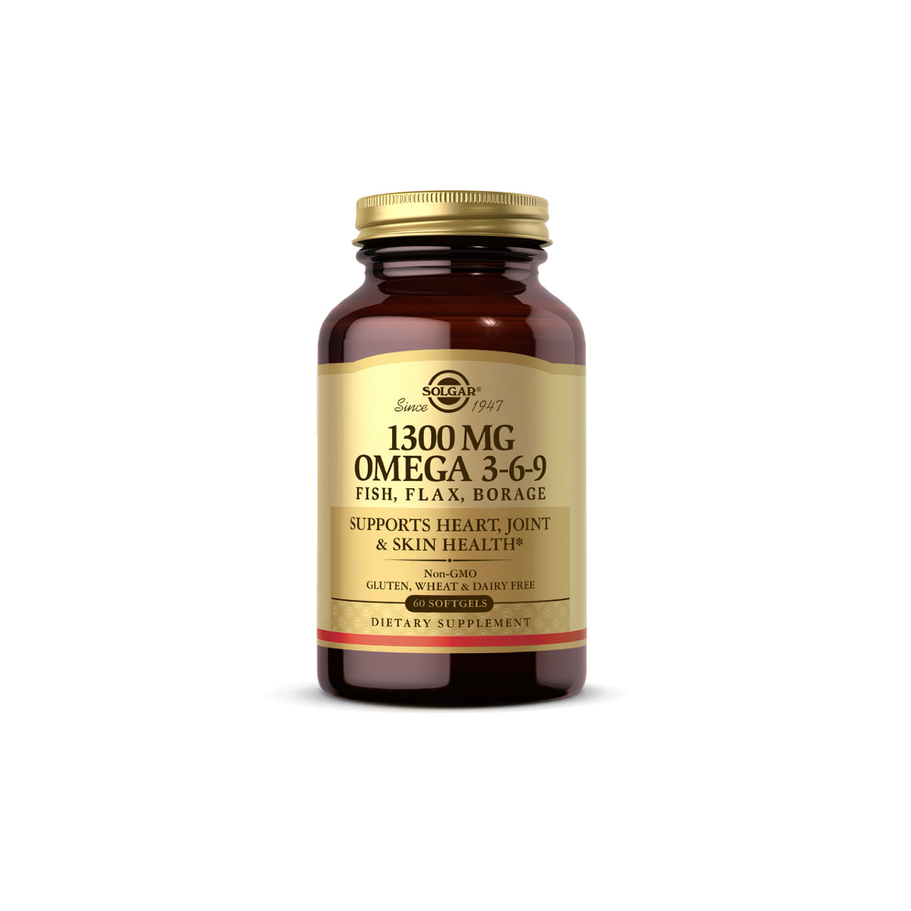 Un flacone di Solgar Omega 3-6-9 60 sgel, distillato molecolarmente per garantire la purezza e contenente 1000 mg.