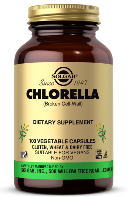 Un flacone di Clorella 520 mg 100 Capsule Vegetali di Solgar.
