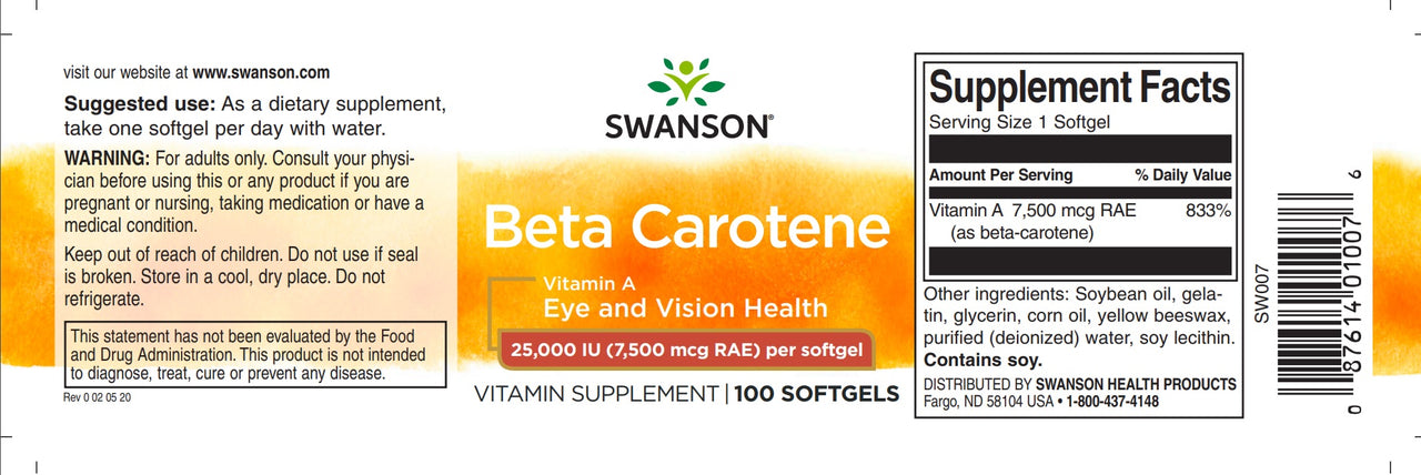 Swanson Beta-Carotene - 25000 UI softgels Integratore alimentare di vitamina A.