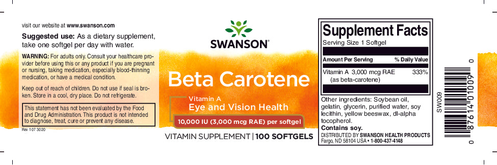 L'etichetta dell'integratore alimentare Swanson Beta-Carotene - 10000 UI 100 softgels Vitamina A.