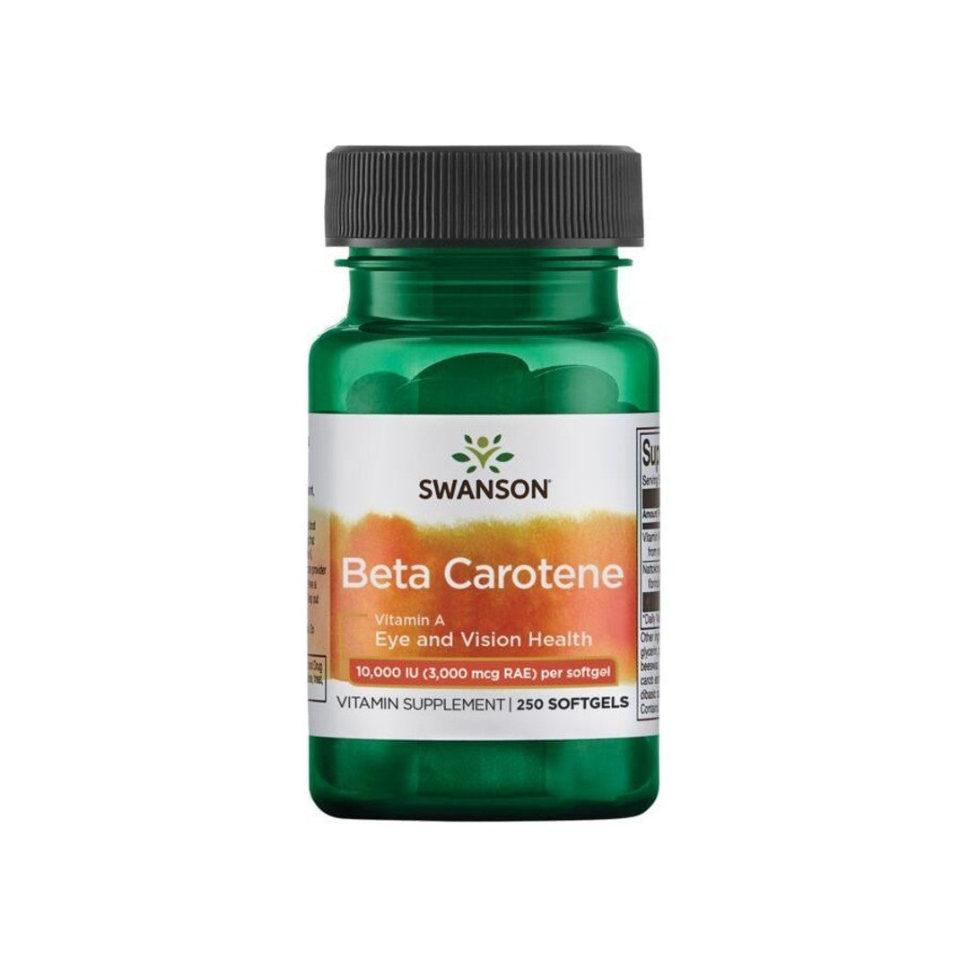 Un flacone di Swanson Beta-Carotene - 250 softgels integratore alimentare di vitamina A.