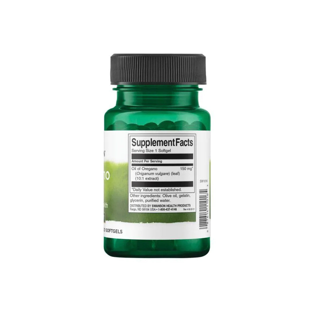 Una bottiglia di olio di origano con etichetta verde, che promuove la salute del sistema immunitario. (Marchio: Swanson)