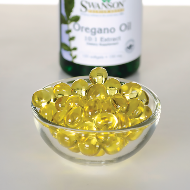 Una ciotola di Swanson Olio di origano biologico - 150 mg 120 softgel accanto a una bottiglia per il supporto del sistema immunitario e della salute gastrointestinale.