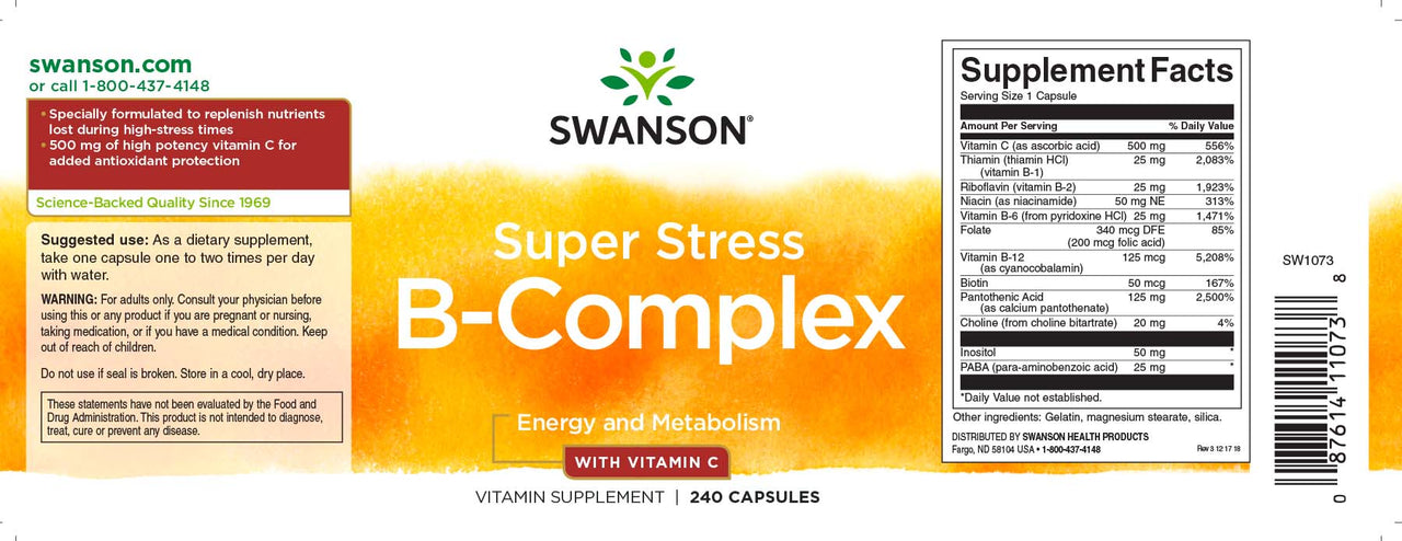 Swanson Complesso B con vitamina C - 500 mg 240 capsule.