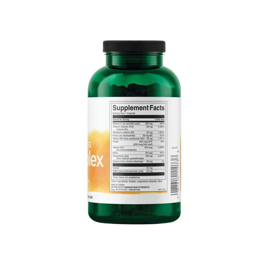 Flacone di B-Complex con vitamina C - 500 mg 240 capsule di Swanson su sfondo bianco.