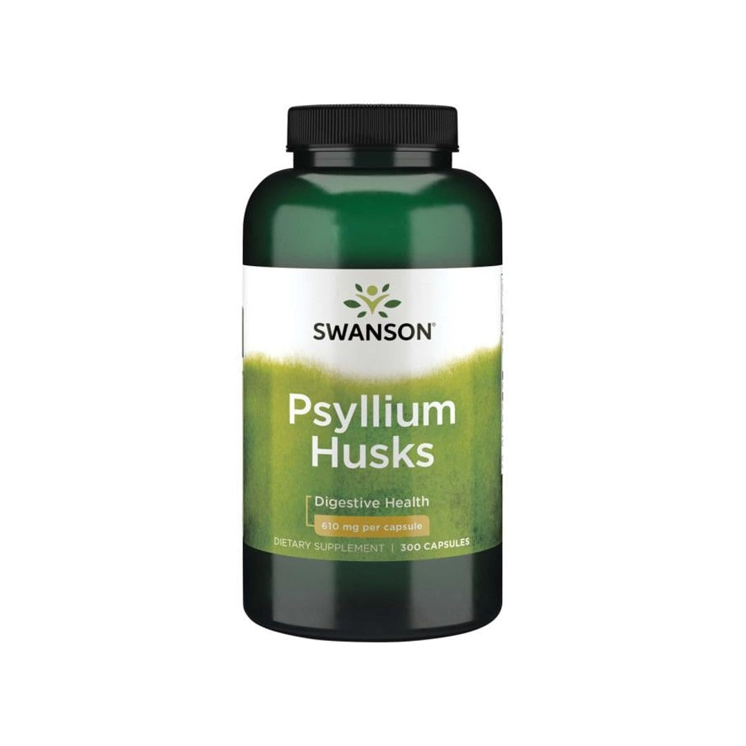 Un flacone di Swanson Psyllium Husks - 610 mg 300 capsule, una fonte naturale di fibra solubile per migliorare i livelli di colesterolo e alleviare la stitichezza.