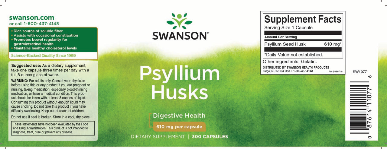 L'etichetta di Swanson Psyllium Husks - 610 mg 300 capsule fornisce importanti informazioni sull'elevato contenuto di fibra solubile, che lo rende un rimedio efficace contro la stitichezza. Inoltre, l'inserimento nel prodotto di parole chiave come "Psyllium Husks - 610 mg 300 capsule" da parte di Swanson.