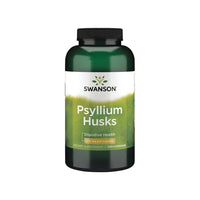 Una bottiglia di Swanson Psyllium Husks - 610 mg 300 capsule, una fonte naturale di fibra solubile per migliorare i livelli di colesterolo e alleviare la stitichezza.