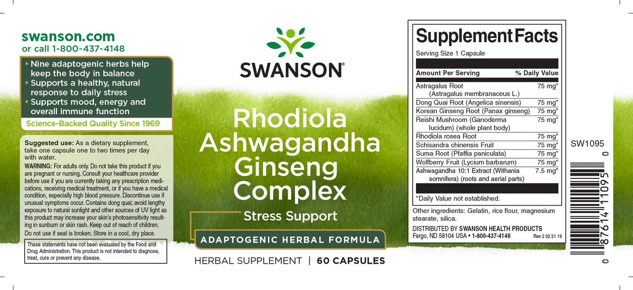 Swanson Complesso adattogeno Rhodiola, Ashwagandha e Ginseng - 60 capsule.