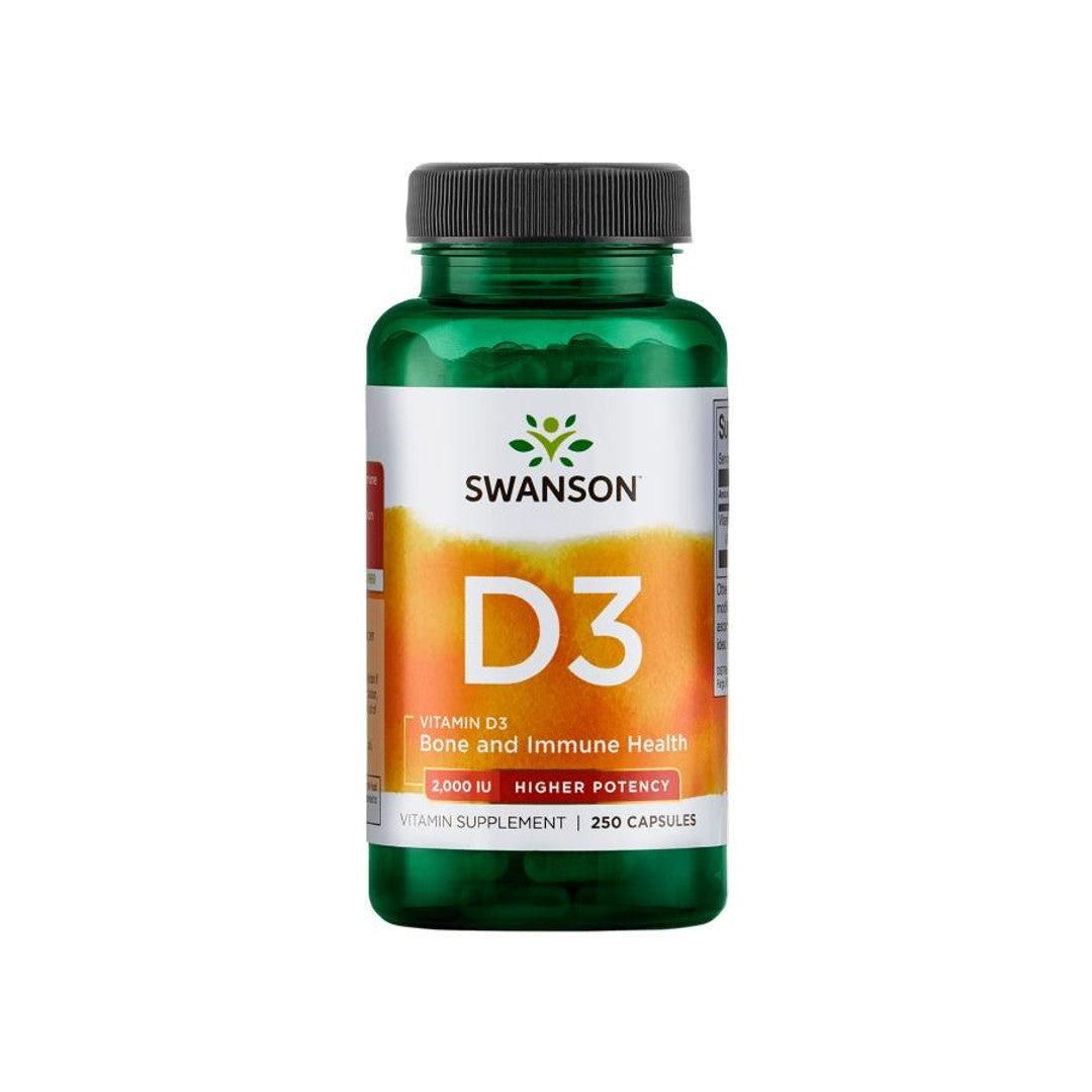 Un flacone di Swanson Vitamina D3 - 2000 UI 250 capsule, che promuove il benessere immunitario e supporta l'assorbimento del calcio per la salute delle ossa.