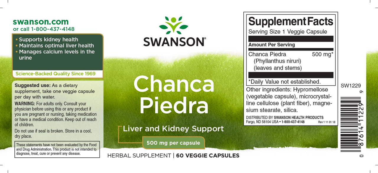 Swanson Chanca Piedra - 500 mg 60 capsule vegetali etichetta dell'integratore.