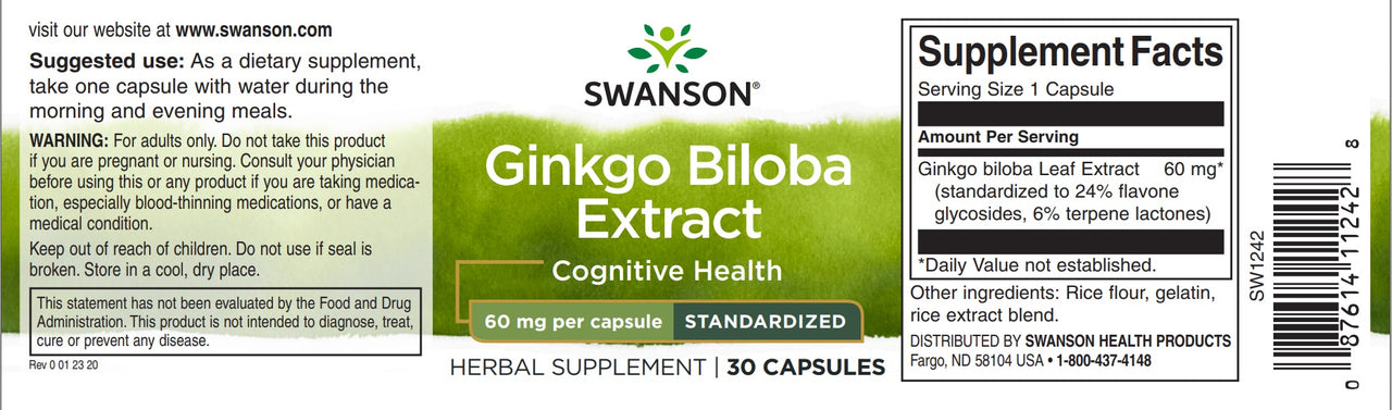 Swanson Estratto di Ginkgo Biloba 24% - 60 mg 30 capsule etichetta.