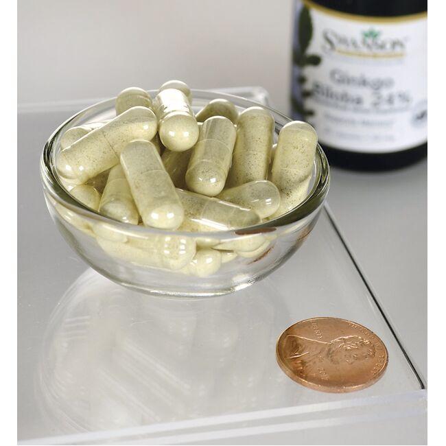 Una ciotola di Swanson'Estratto di Ginkgo Biloba 24% - 60 mg 30 capsule accanto a un penny.
