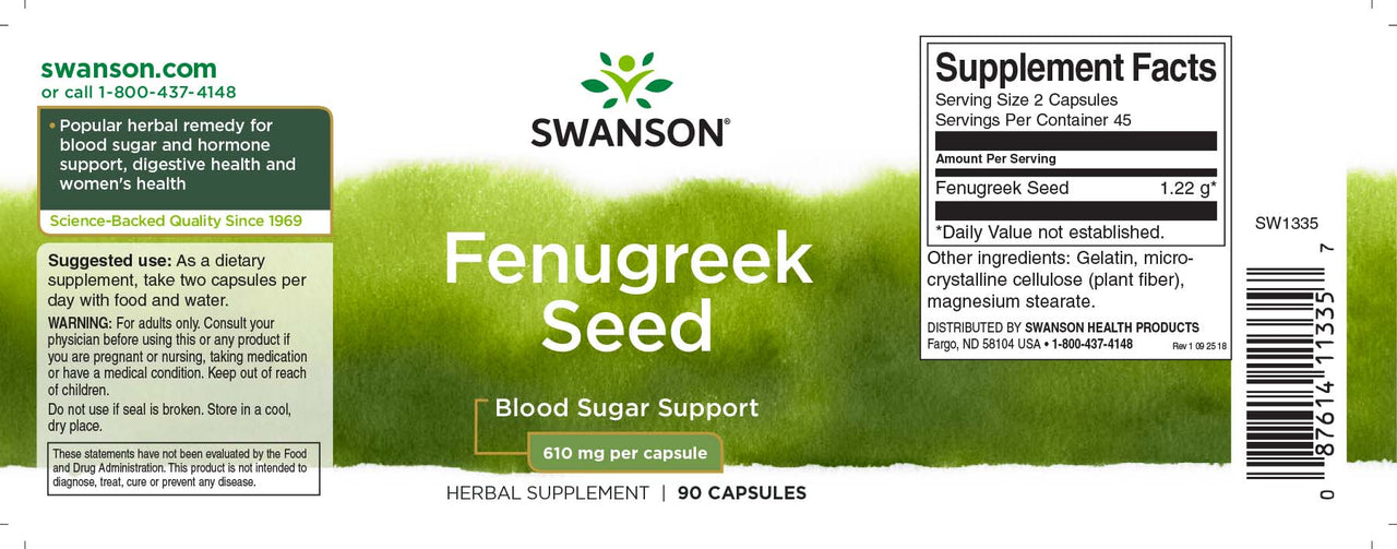 L'etichetta di Swanson Semi di fieno greco - 610 mg 90 capsule.