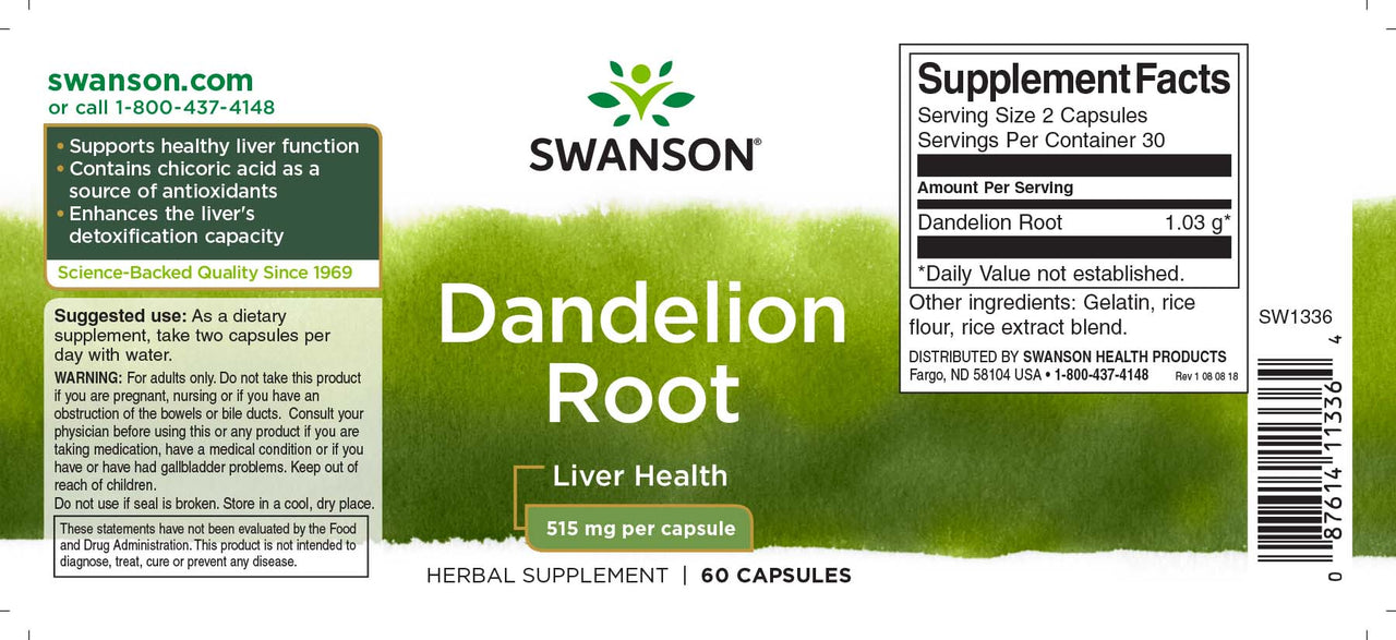 Un'etichetta per Swanson Radice di tarassaco - 515 mg 60 capsule.