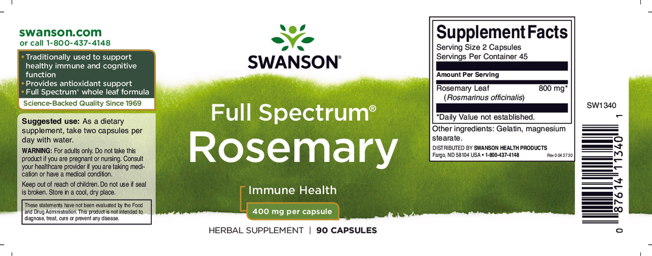 Un'etichetta per Swanson Rosmarino - 400 mg 90 capsule, un antiossidante per combattere i radicali liberi.