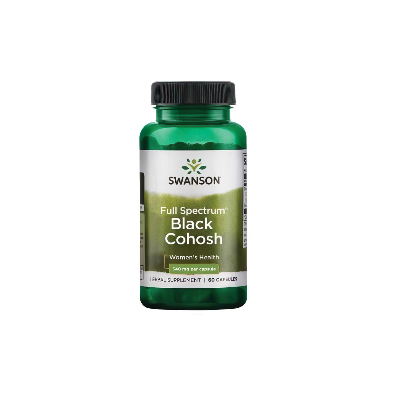 Bottle of Swanson Black Cohosh 540 mg 60 Capsules, a herbal supplement for hormonal balance and menopause relief in women's health.