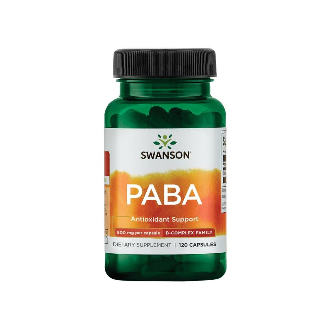 Un flacone di Swanson PABA - 500 mg 120 capsule, noto per i suoi effetti benefici sulla formazione dei globuli rossi e sulla salute della pelle.