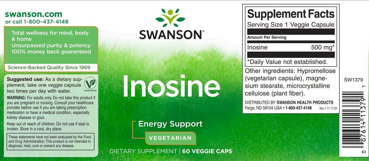 L'etichetta di Swanson Inosine - 500 mg 60 capsule vegetali.