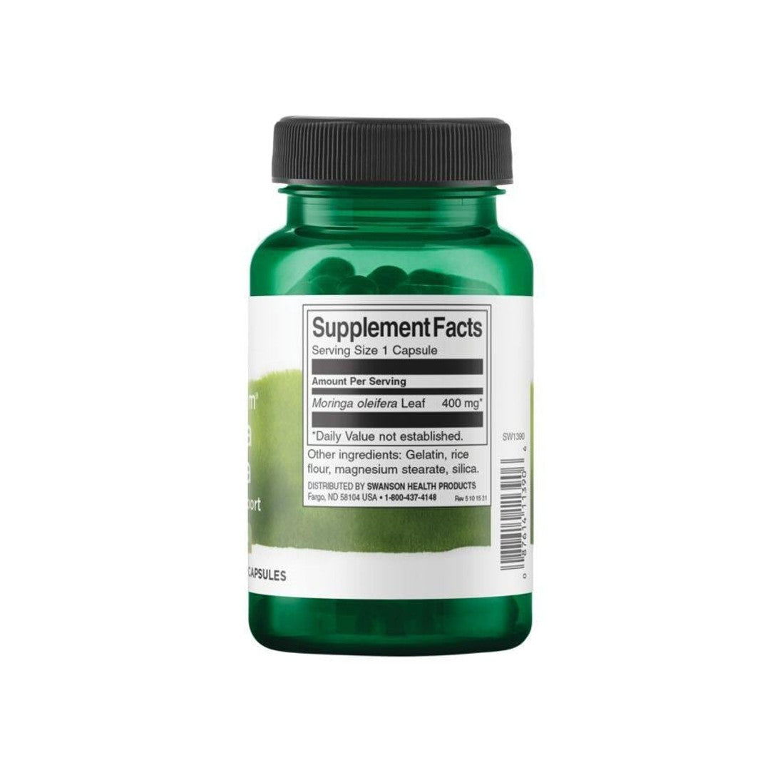 Una bottiglia di Swanson Moringa Oleifera - 400 mg 60 capsule su uno sfondo bianco.