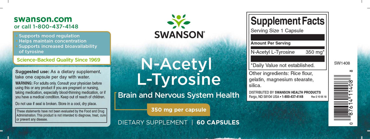 Swanson N-Acetil L-Tirosina - 350 mg 60 capsule è un integratore alimentare che favorisce un migliore assorbimento e una maggiore concentrazione, supportando anche la regolazione dell'umore.