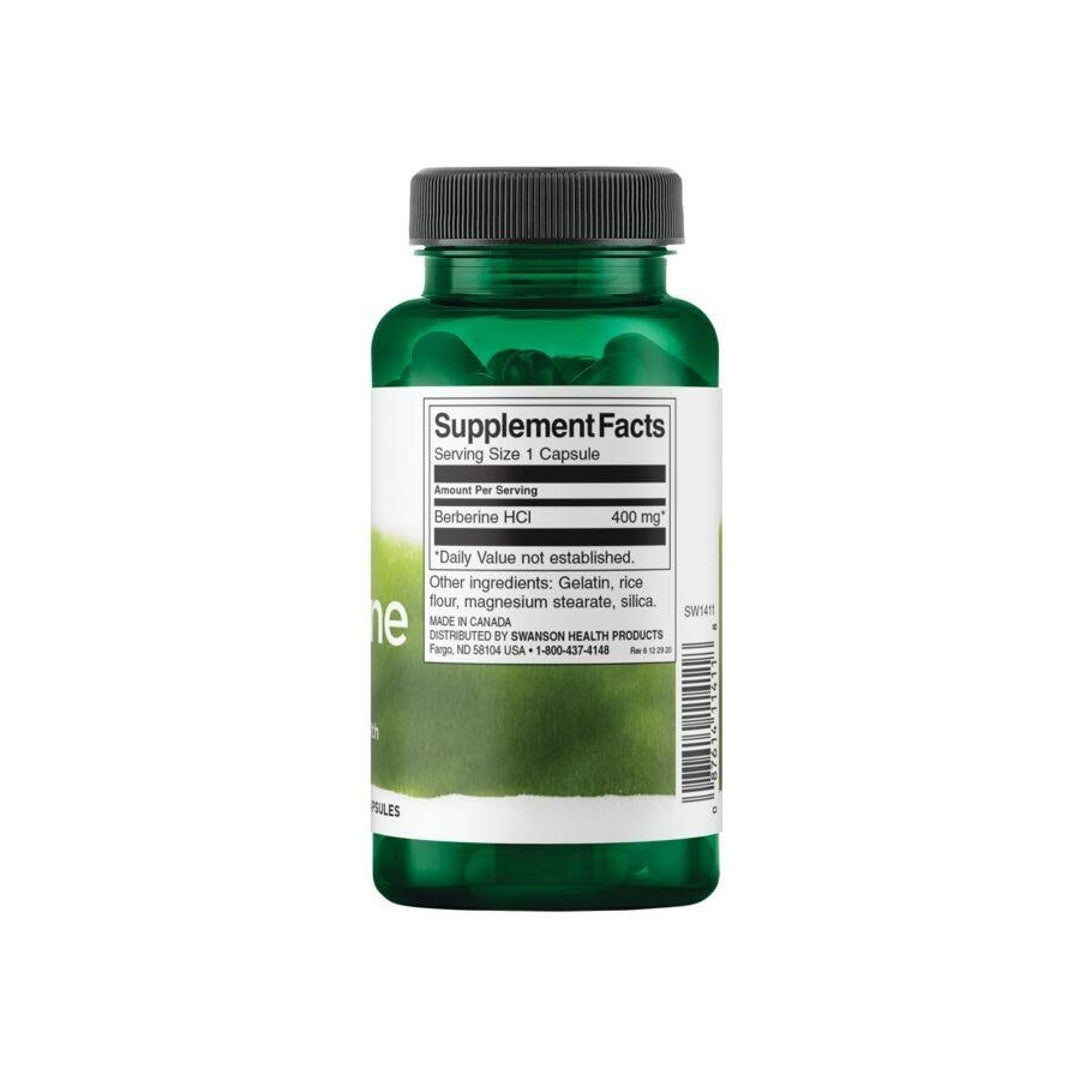 Flacone di integratore alimentare Swanson Berberine - 400 mg 60 capsule su sfondo bianco.