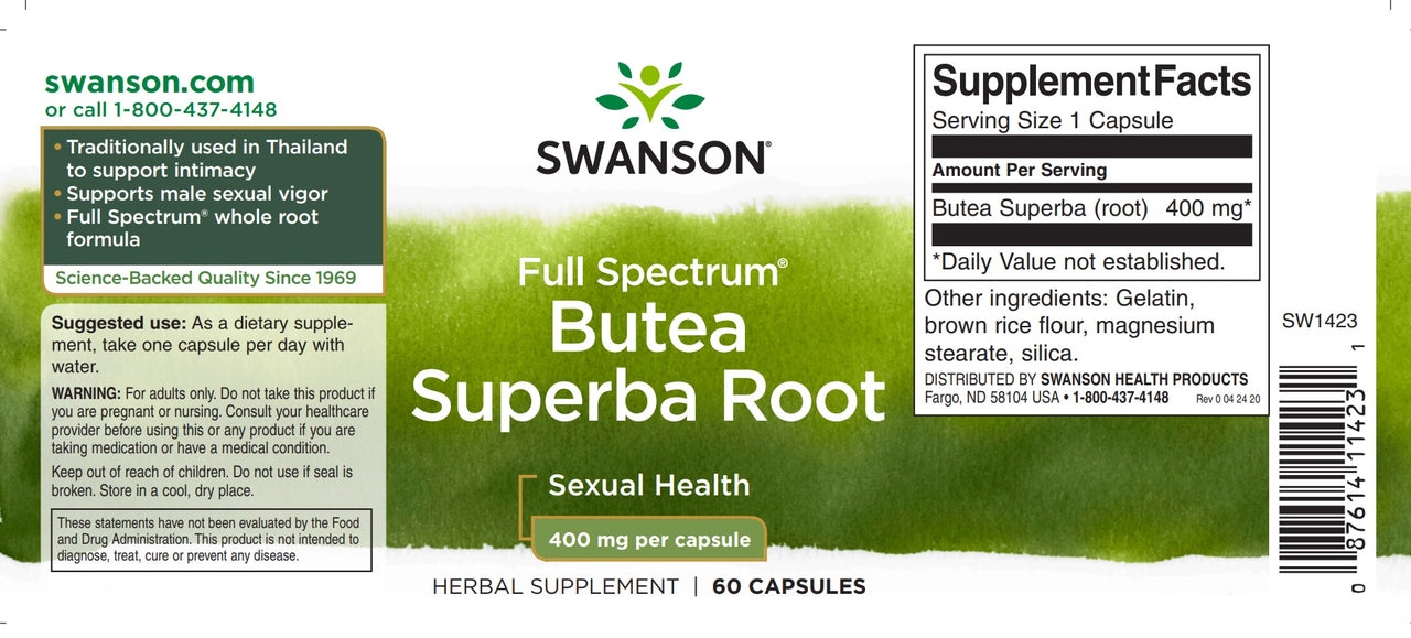 L'etichetta dell'integratore alimentare Swanson'Butea Superba Root - 400 mg 60 capsule.